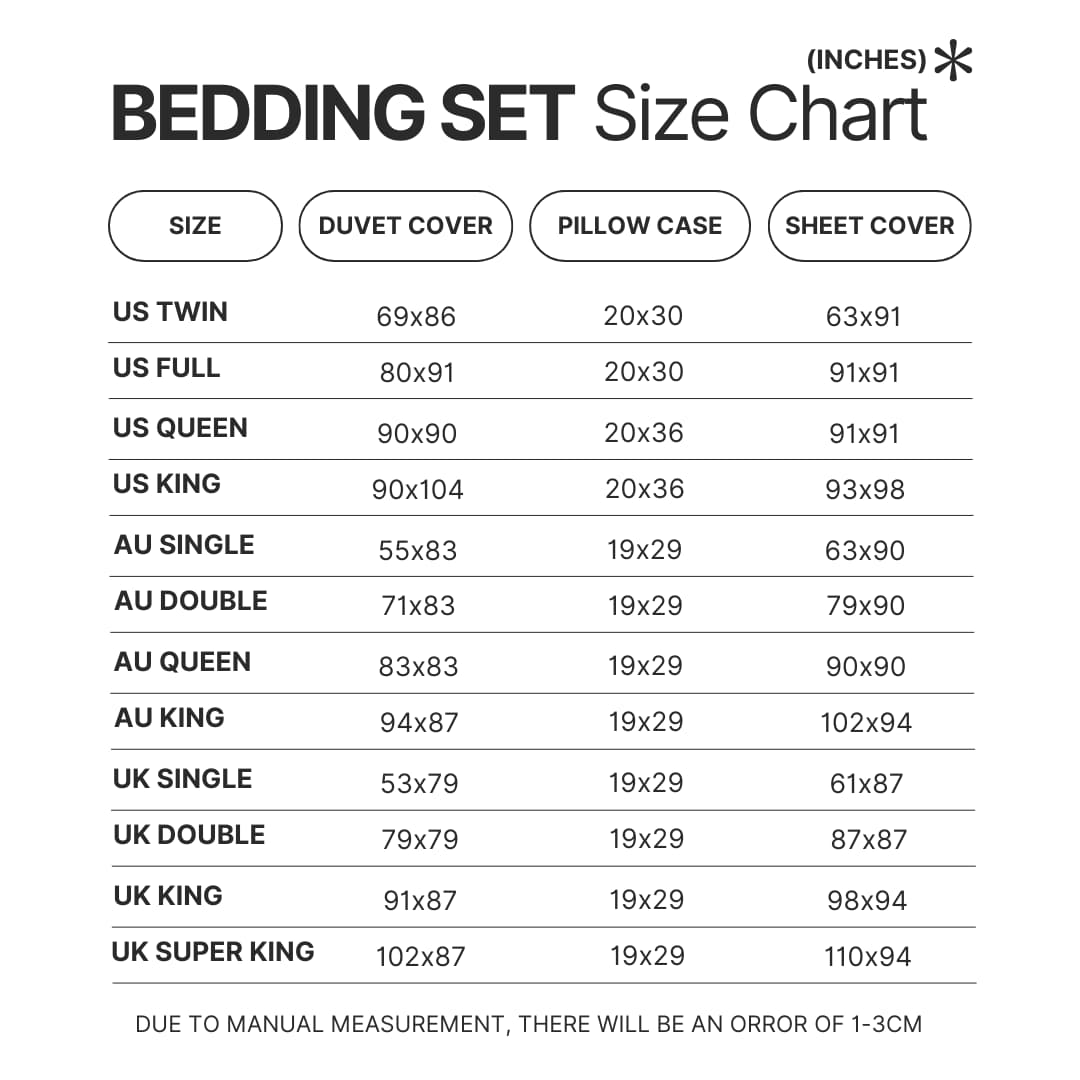 Bedding Set Size Chart - Akame Ga Kill Shop