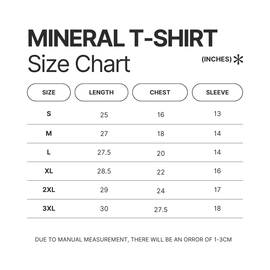 Mineral Wash T shirt Size Chart - Akame Ga Kill Shop